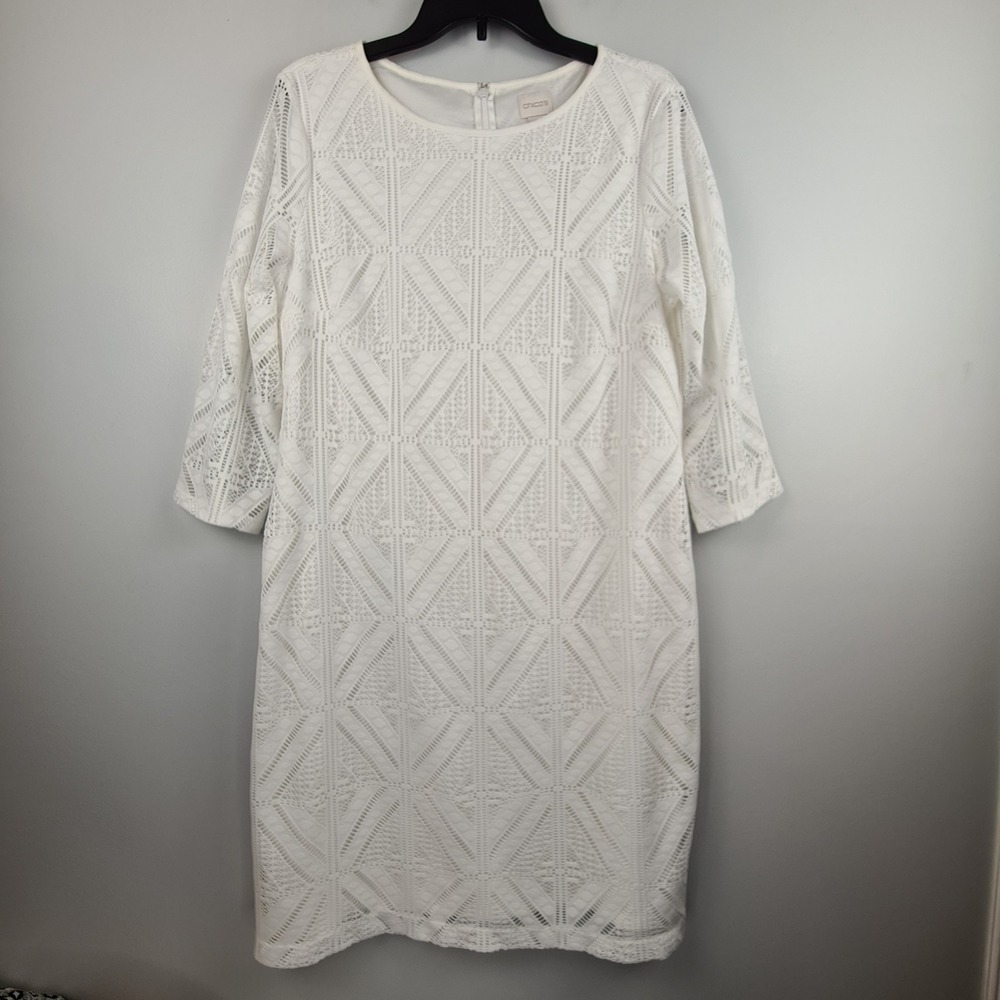 Chicos White Geometric Lace Shift Dress Womens Size 2 Large 3/4 Sleeve Lined